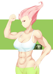 Size: 2332x3252 | Tagged: dead source, safe, artist:shinigamihentai, fluttershy, saddle rager, human, g4, power ponies (episode), abs, armpits, breasts, busty fluttershy, clothes, female, high res, humanized, midriff, muscles, muscleshy, power ponies, solo, sports bra