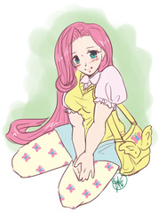 Size: 1500x2100 | Tagged: safe, artist:lunakai, fluttershy, human, g4, blushing, clothes, female, humanized, kneeling, pantyhose, shirt, skirt, skirt pull, solo, sweater vest, tote bag, vest