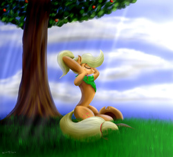 Size: 3300x3000 | Tagged: safe, artist:skitsroom, applejack, earth pony, semi-anthro, g4, bandana, crepuscular rays, eyes closed, female, high res, loose hair, mouth hold, ponytail, sitting, solo, tree, tying hair