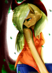Size: 2893x4092 | Tagged: safe, artist:monochromacat, applejack, earth pony, anthro, g4, clothes, female, leaves, solo, tank top, tree