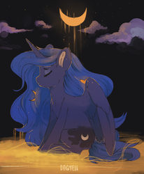 Size: 1063x1290 | Tagged: safe, artist:dagmell, princess luna, alicorn, pony, g4, chest fluff, cloud, crescent moon, cute, eyes closed, female, lunabetes, mare, missing accessory, moon, night, partially open wings, profile, sitting, sky, solo, spread wings, stars, wings