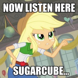 Size: 450x450 | Tagged: safe, screencap, applejack, equestria girls, g4, cropped, female, image macro, listen here, meme, solo