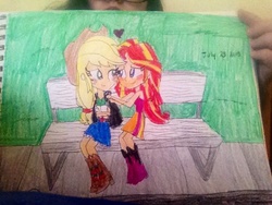 Size: 640x480 | Tagged: safe, artist:cartoonprincess15, applejack, sunset shimmer, equestria girls, g4, bench, female, humanized, lesbian, park, ship:appleshimmer, shipping, traditional art, wattpad