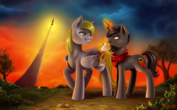 Size: 4000x2500 | Tagged: safe, artist:das_leben, oc, oc only, pegasus, pony, unicorn, food, ice cream, magic, rocket, sunset