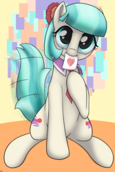 Size: 1280x1920 | Tagged: safe, artist:conscious-aberration, coco pommel, earth pony, pony, g4, both cutie marks, cocobetes, cute, female, mouth hold, necktie, solo, tail wag