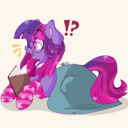 Size: 4096x4096 | Tagged: safe, artist:doodlehorse, twilight sparkle, g4, absurd resolution, book, clothes, female, glasses, prone, sockis, socks, solo, striped socks