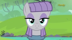 Size: 719x403 | Tagged: safe, screencap, maud pie, earth pony, pony, g4, season 6, the gift of the maud pie, bust, emotionless, expressionless face, eyeshadow, female, frown, lidded eyes, looking at you, makeup, mare, maud being maud, maud pie may or may not be amused, pond, solo