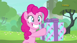 Size: 2557x1429 | Tagged: safe, screencap, maud pie, pinkie pie, g4, the gift of the maud pie, female, present, smiling, solo