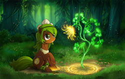 Size: 1920x1210 | Tagged: safe, artist:empalu, earth pony, pony, amalia, clothes, cute, earth pony magic, featured image, female, flower, fluffy, forest, grass, grin, looking up, magic, magic circle, mare, nature, ponified, raised hoof, raised leg, scenery, sitting, smiling, solo, tree, wakfu