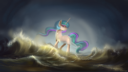 Size: 1920x1080 | Tagged: dead source, safe, artist:shamanguli, princess celestia, g4, clothes, female, see-through, solo, walking on water, water, wave
