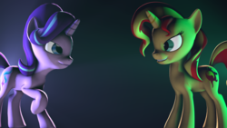 Size: 1920x1080 | Tagged: safe, artist:fd-daylight, starlight glimmer, sunset shimmer, pony, unicorn, g4, 3d, counterparts, debate in the comments, eye contact, looking at each other, raised hoof, source filmmaker, twilight's counterparts, versus, wallpaper