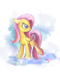 Size: 1167x1417 | Tagged: safe, artist:haltie, artist:ratiasu, artist:ratiasuq, fluttershy, pegasus, pony, g4, assertive, assertive fluttershy, cloud, collaboration, female, floppy ears, folded wings, frown, glare, looking back, mare, profile, raised leg, solo, wings