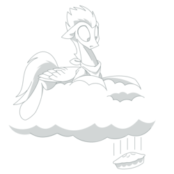 Size: 1280x1280 | Tagged: safe, artist:hoverrover, soarin', pegasus, pony, g4, bandana, bib, cloud, didn't think this through, explicit source, falling, falling through clouds, floppy ears, flying, food, male, pie, sad, soarin' is not amused, solo, speed lines, stallion, surprised, that pony sure does love pies