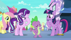 Size: 1469x821 | Tagged: safe, screencap, fluttershy, rarity, spike, starlight glimmer, twilight sparkle, alicorn, dragon, pegasus, pony, unicorn, g4, the crystalling, :o, :s, discovery family logo, eyes closed, facehoof, fangs, female, frown, group, male, mare, open mouth, quintet, raised hoof, scroll, smiling, starlight glimmer is not amused, twilight sparkle (alicorn), unamused, wavy mouth