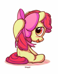 Size: 1100x1400 | Tagged: safe, artist:bobdude0, apple bloom, earth pony, pony, g4, adorabloom, blushing, cute, female, filly, foal, looking at you, looking back, simple background, sitting, solo, tongue out, white background