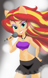 Size: 1125x1800 | Tagged: dead source, safe, artist:theroyalprincesses, sunset shimmer, equestria girls, g4, armpits, belly button, clothes, female, grin, microphone, midriff, necklace, pleated skirt, ponied up, skirt, solo, top