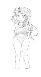 Size: 1424x2688 | Tagged: safe, artist:cross_ornstein, fluttershy, human, g4, clothes, female, humanized, looking at you, one-piece swimsuit, pencil drawing, plump, simple background, solo, standing, swimsuit, traditional art, white background