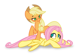 Size: 700x500 | Tagged: safe, artist:hoverrover, applejack, fluttershy, g4, bedroom eyes, eye contact, female, lesbian, looking at each other, prone, raised hoof, ship:appleshy, shipping, simple background, smiling, spread wings, white background