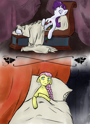 Size: 500x685 | Tagged: safe, artist:magello, fluttershy, rarity, magpie, g4, bed, color, dead, duo, flower, older