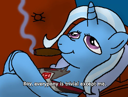 Size: 500x380 | Tagged: safe, artist:animanatole, trixie, pony, unicorn, g4, 4chan, alicorn amulet, cigar, couch, crossover, female, lying down, male, mare, on back, smoking, solo, the simpsons