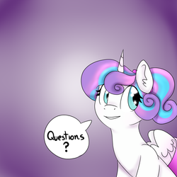 Size: 1280x1280 | Tagged: safe, artist:ask-flurryheart, princess flurry heart, alicorn, pony, ask flurry heart, g4, ask, looking back, older, older flurry heart, question mark, sitting, solo, speech bubble, tumblr