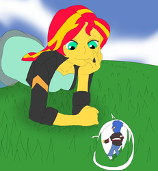 Size: 1700x1836 | Tagged: safe, artist:final7darkness, flash sentry, sunset shimmer, equestria girls, g4, clothes, cloud, grass, leather jacket, micro, pants, shoes, size difference, sky