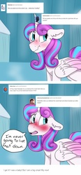 Size: 1280x2764 | Tagged: safe, artist:ask-flurryheart, princess flurry heart, alicorn, pony, ask flurry heart, g4, ask, blushing, crystal castle, crystal heart, crystalling, embarrassed, older, older flurry heart, scrunchy face, speech bubble, tumblr