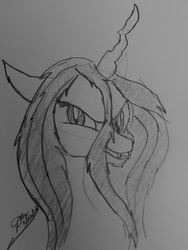 Size: 3024x4032 | Tagged: safe, artist:dmdash, queen chrysalis, g4, female, grin, monochrome, solo, traditional art