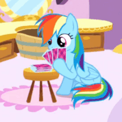 Size: 278x278 | Tagged: safe, screencap, rainbow dash, pegasus, pony, g4, make new friends but keep discord, season 5, animated, blinking, card, cropped, cute, dashabetes, dexterous hooves, female, folded wings, gif, hoof hold, magnetic hooves, mare, sitting, solo, table, wings