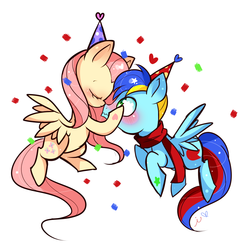 Size: 1200x1200 | Tagged: safe, artist:ipun, fluttershy, oc, pegasus, pony, g4, blushing, canon x oc, clothes, eyes closed, female, floating, flying, hat, heart, male, mare, nuzzling, party hat, scarf, shipping, simple background, stallion, straight, white background