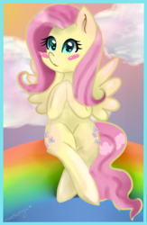Size: 1300x2000 | Tagged: safe, artist:moekonya, fluttershy, g4, blushing, both cutie marks, crossed legs, female, hooves together, looking at you, rainbow, sitting, sky, solo, spread wings
