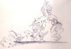 Size: 1142x792 | Tagged: safe, artist:buttersprinkle, princess celestia, princess luna, g4, concave belly, cookie, eating, food, lying down, monochrome, on back, side view, sketch, slender, thin, traditional art