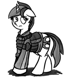 Size: 1200x1348 | Tagged: safe, artist:coatieyay, oc, oc only, oc:baron, fallout equestria, armor, monochrome, security officer, simple background, solo