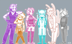 Size: 1280x791 | Tagged: safe, artist:siden, applejack, fluttershy, pinkie pie, rainbow dash, rarity, twilight sparkle, oc, oc:cottontail, oc:ink blot, oc:ivory, oc:prism wing, oc:sparkling cider, oc:stardust nova, anthro, ultimare universe, g4, alternate universe, chart, clothes, converse, height difference, mane six, monochrome, scrunchy face, shoes, sketch