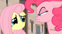 Size: 1440x801 | Tagged: safe, screencap, fluttershy, pinkie pie, g4, the cutie map, angry, big eyes, cute, disapproval, discovery family logo, eye contact, faic, floppy ears, frown, glare, our town, sad