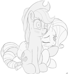 Size: 1440x1560 | Tagged: safe, artist:conscious-aberration, applejack, rarity, g4, blushing, female, hoof licking, intertwined tails, lesbian, licking, monochrome, ship:rarijack, shipping, sketch, snuggling, sweat, tongue out