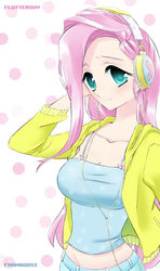 Size: 562x950 | Tagged: safe, artist:framboosi, fluttershy, human, g4, anime, breasts, busty fluttershy, clothes, female, headphones, humanized, midriff, solo, tank top