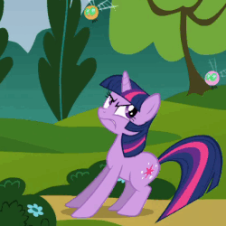 Size: 410x410 | Tagged: safe, screencap, twilight sparkle, parasprite, pony, g4, swarm of the century, animated, annoyed, female, frown, glare, horses doing horse things, tail whip