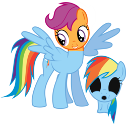 Size: 980x960 | Tagged: safe, edit, rainbow dash, scootaloo, g4, clothes, costume, disguise, mask, masking, pony costume, ponysuit, rainbow dash suit, skinsuit