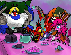 Size: 2183x1700 | Tagged: safe, artist:envyskort, pinkie pie, earth pony, pony, g4, alice in wonderland, breakdown, crossover, cupcake, energon, food, knock out, mad hatter, march hare, table, tea party, transformers, transformers prime, trio