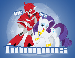 Size: 3300x2550 | Tagged: safe, artist:shioji-san, rarity, pony, unicorn, g4, abstract background, crossover, duo, jewelry, knock out, raised hoof, text, transformers, transformers prime