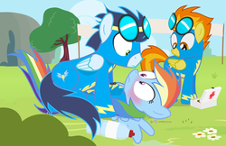 Size: 1110x720 | Tagged: safe, artist:dm29, rainbow dash, soarin', spitfire, pegasus, pony, g4, awkward, blushing, cpr, cute, female, first aid kit, goggles, male, ship:soarindash, shipping, show accurate, straight, trio, water bottle, wonderbolts uniform