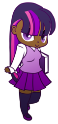 Size: 1100x2339 | Tagged: safe, artist:aubrace, twilight sparkle, human, g4, book, chibi, dark skin, female, humanized, solo