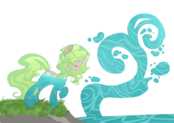 Size: 3541x2508 | Tagged: safe, artist:xsidera, oc, oc only, oc:icy waters, earth pony, original species, pony, earth pony magic, female, grass, green hair, high res, hill, magic, mare, rock, simple background, solo, transparent background, water