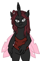 Size: 447x675 | Tagged: artist needed, safe, oc, oc only, oc:invictia sadie, changeling, anthro, changeling oc, colored, looking at you, red changeling, simple background, solo