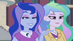 Size: 1280x720 | Tagged: safe, screencap, princess celestia, princess luna, principal celestia, vice principal luna, equestria girls, g4, my little pony equestria girls: friendship games, canterlot high, cheshire grin, duo, duo female, female, grin, lidded eyes, pointing, reaction image, siblings, sisters, smiling, smirk, smug smile, smuglestia