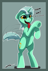 Size: 1650x2450 | Tagged: safe, artist:gasmaskfox, lyra heartstrings, pony, unicorn, g4, behaving like a dog, bipedal, female, open mouth, pony pet, rearing, solo, tail wag, tongue out, underhoof, unfortunate design