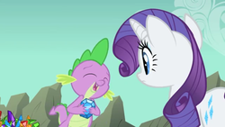 Size: 1024x576 | Tagged: safe, screencap, rarity, spike, dragon, pony, unicorn, a dog and pony show, g4, cute, eyes closed, fangs, female, gem, holding, male, mare, open mouth, spikabetes