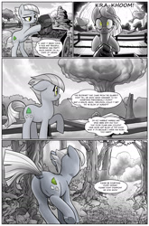 Size: 1266x1920 | Tagged: safe, artist:pencils, limestone pie, earth pony, pony, comic:anon's pie adventure, g4, butt, cart, comic, curse cut short, dock, explosion, female, implied death, mare, mushroom cloud, nature, plot, rock, running, scenery, solo, tree, underhoof, worried