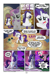 Size: 2894x4093 | Tagged: safe, artist:mister-saugrenu, pinkie pie, rarity, sweetie belle, pony, comic:art block, g4, confetti, crying, floppy ears, marshmelodrama, running makeup